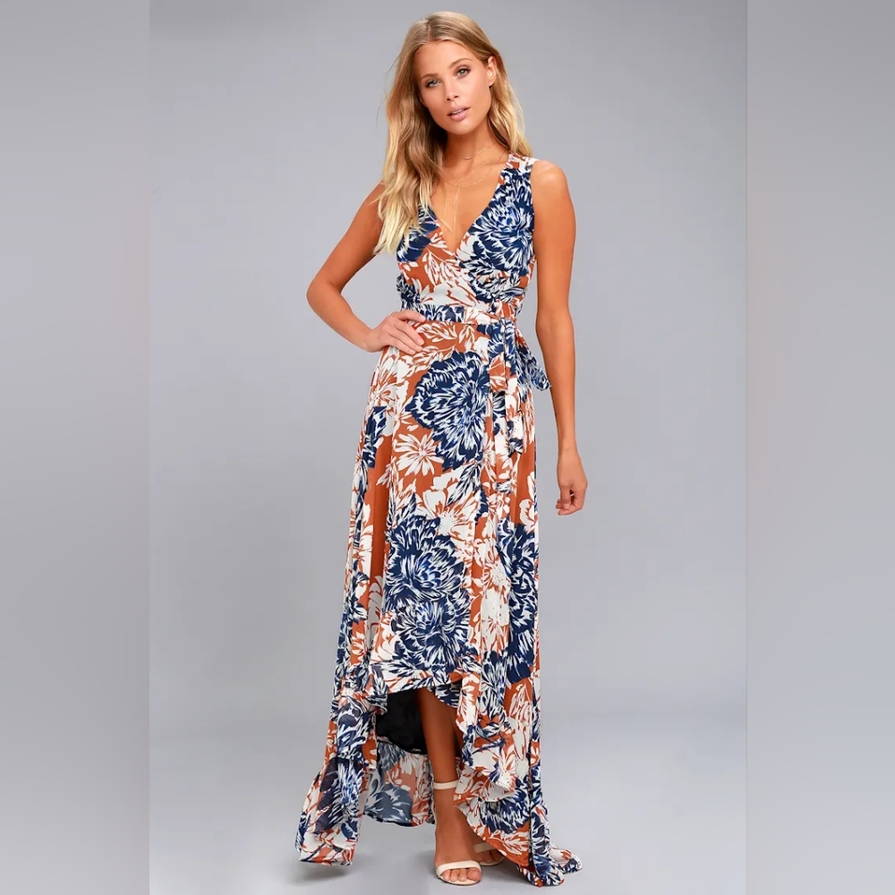 Lulus Summer's End Rust Orange Floral Print High-Low Maxi Wrap Dress Size Small